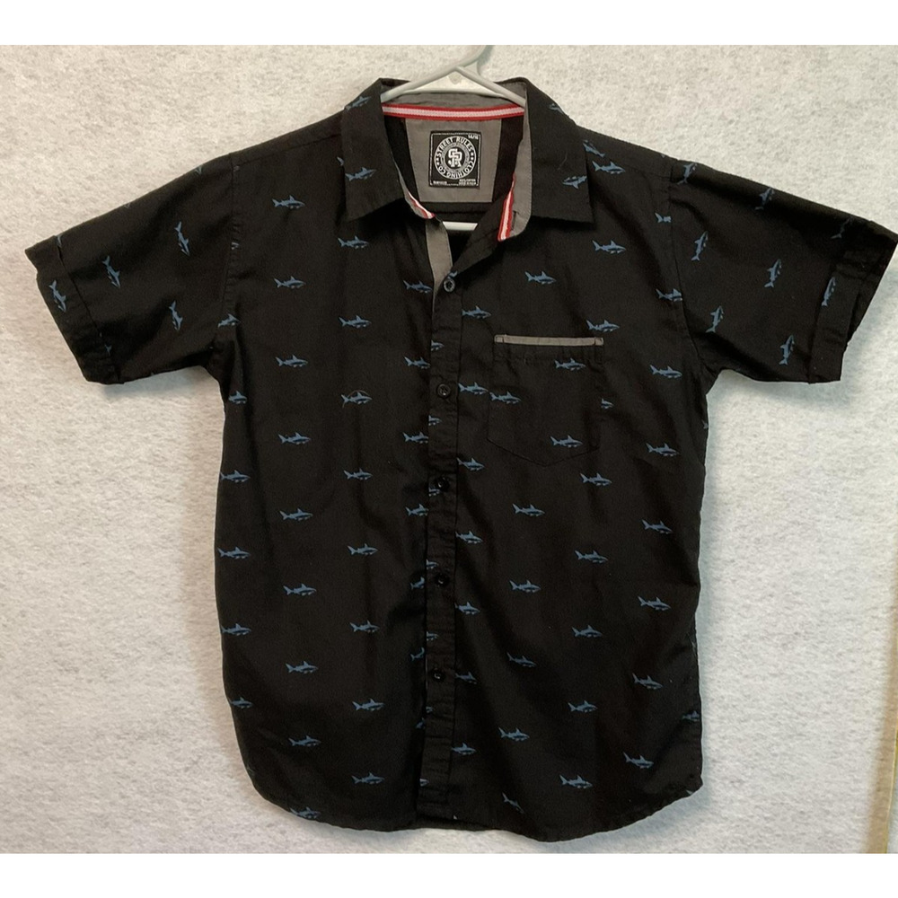 Street Rules Shirt‎ Youth Large Black Shark Print Button Up Short Sleeve Casual